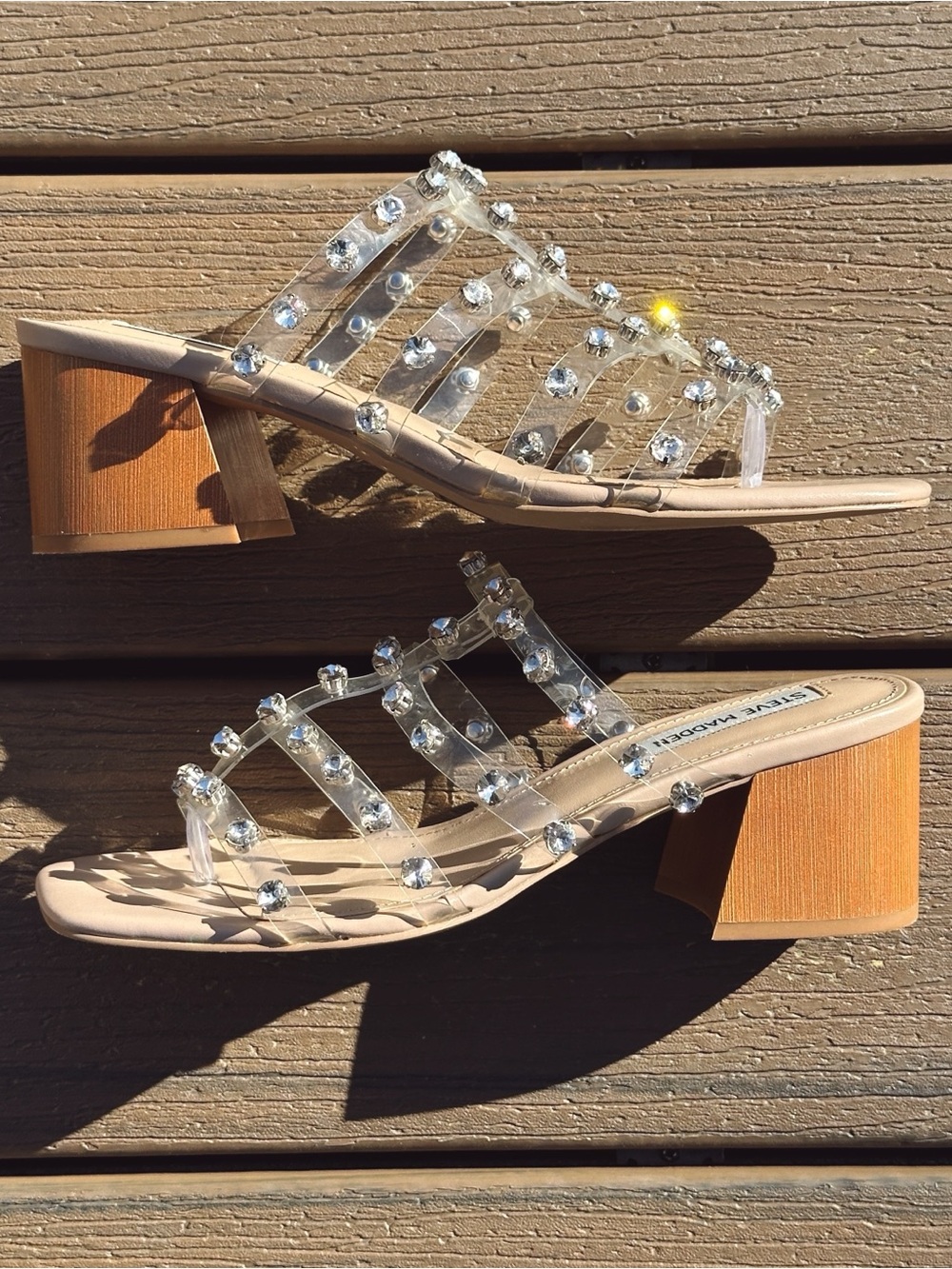 Steve Madden Clear Rhinestone Block Heel Slide Sandals Size 8.5